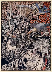 „Wilde und scheue und monströse Kreaturen durchstreiften ihre Ebenen und Wälder“, Illustration aus „Irish Fairy Tales“ von James Stephens, 1920